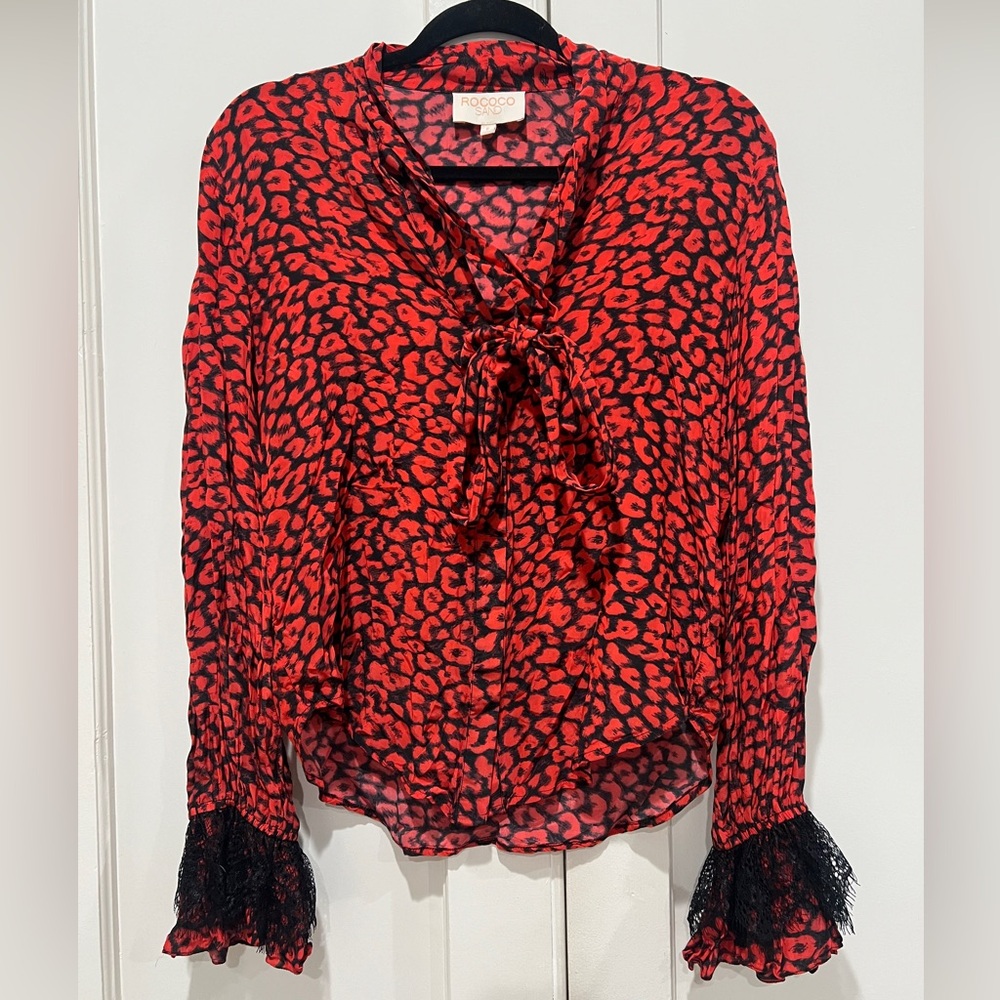 Rococo Sand Long Sleeve Button Up Shirt Red Leopard Cheetah Lace Sleeve - Small